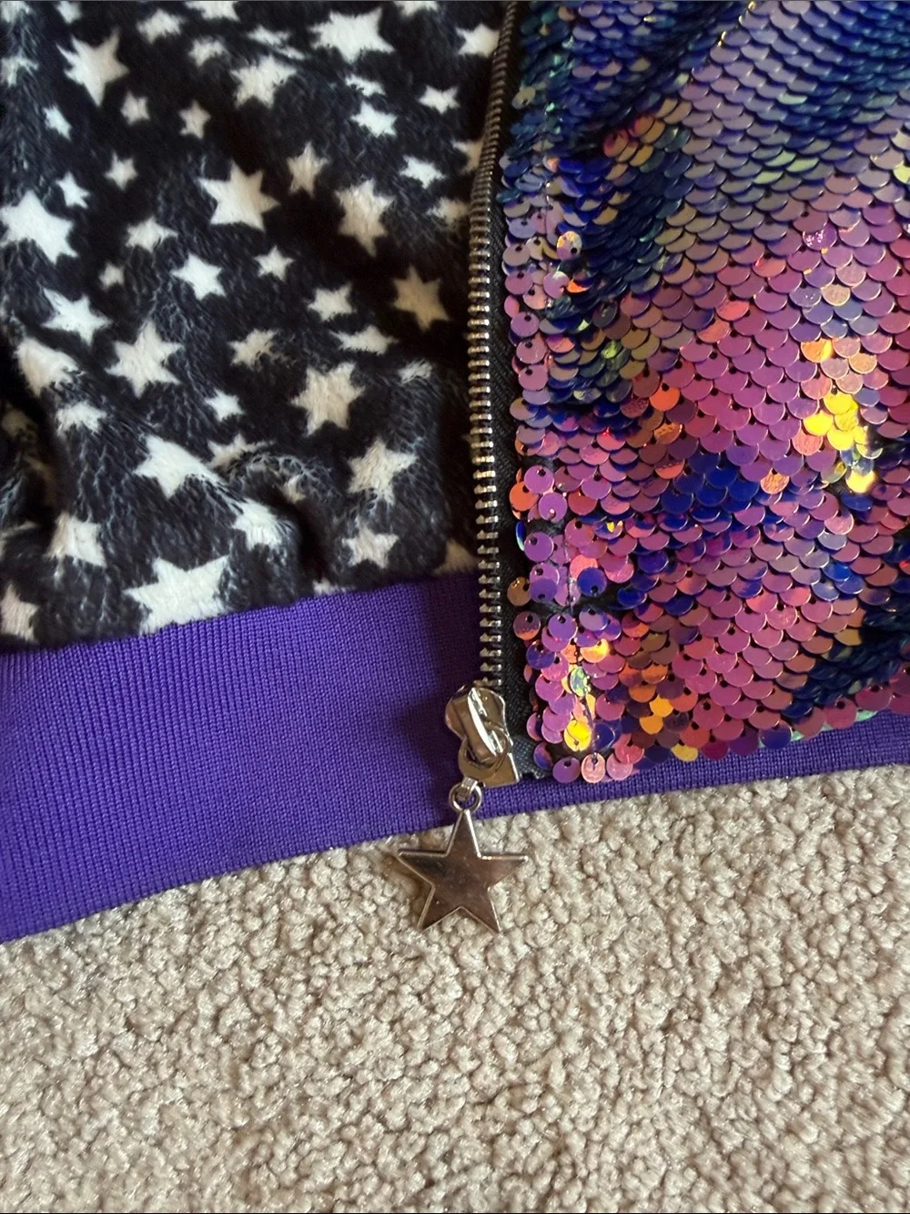 Girls' Purple Iridescent Sequin Bomber Jacket with Star Lining